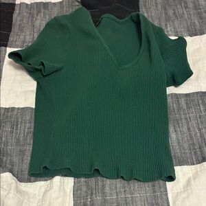 Green V-Neck Ribbed Women's Top